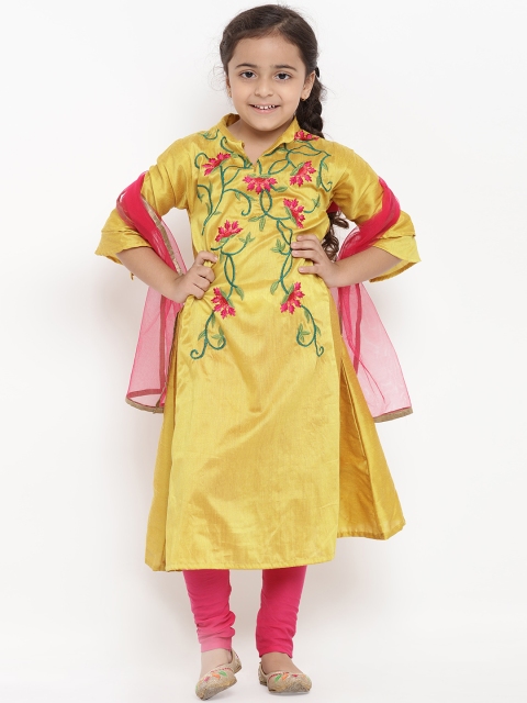

Bitiya by Bhama Girls Mustard & Pink Embroidered Kurta with Churidar & Dupatta