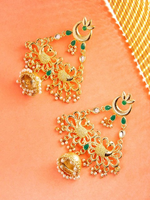 

Voylla Gold-Plated & Green Dome Shaped Enamelled Jhumkas