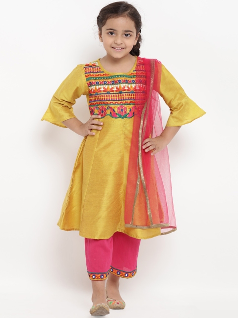 

Bitiya by Bhama Girls Mustard Yellow Embroidered Yoke Design Kurta with Trousers & Dupatta