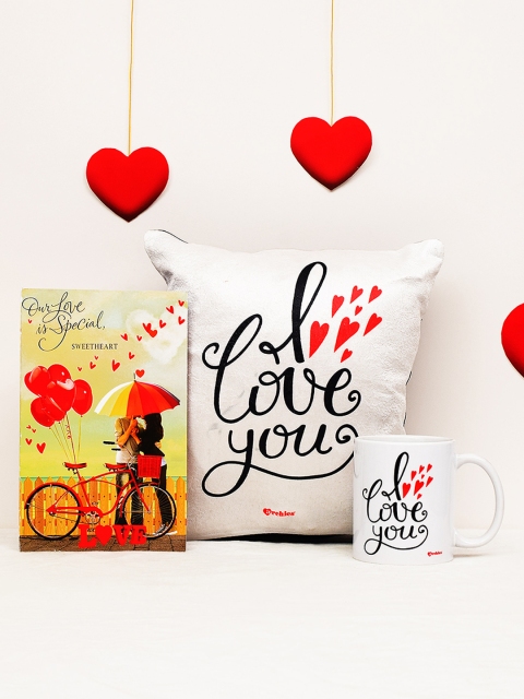 

Archies Love Gifts Set of 3 Valentines Day Special Mug Cushion & Greeting Card, White