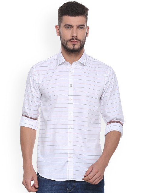 

V Dot Men White Slim Fit Striped Casual Shirt