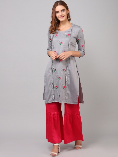 La Firangi Women Grey & Red Embroidered Kurti with Palazzos