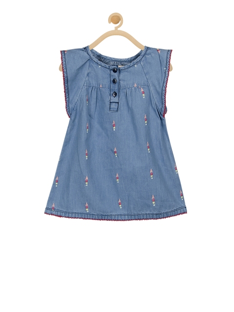 Budding Bees Girls Blue Printed Denim A-Line Top