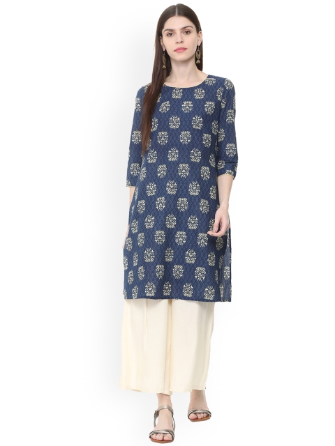 

People Women Blue & Beige Printed Straight Kurta