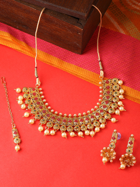 

Voylla Women Copper-Plated & Stone-Studded Jewellery Set, Gold