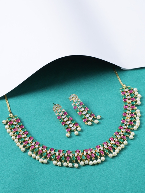 

Voylla Women Gold-Plated & Pink Handcrafted CZ Stone-Studded Jewellery Set