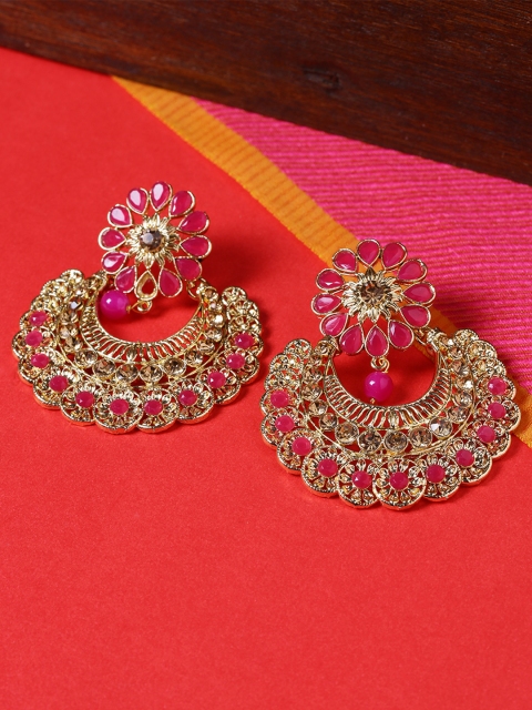 

Voylla Gold-Plated Handcrafted & Pink Crescent Shaped Chandbalis