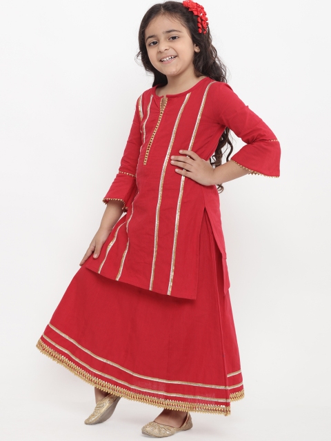 Bitiya by Bhama Girls Red Striped Kurta with Skirt