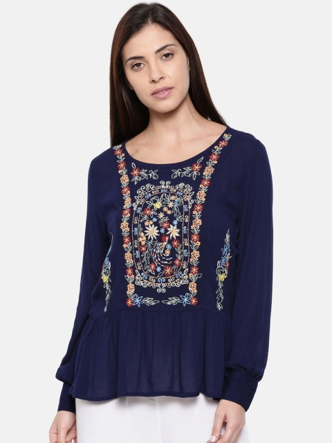 

Chumbak Women Navy Blue Embroidered Peplum Top