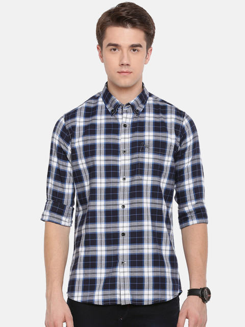 

THE BEAR HOUSE Men Navy Blue & Off-White Slim Fit Checked Casual Shirt