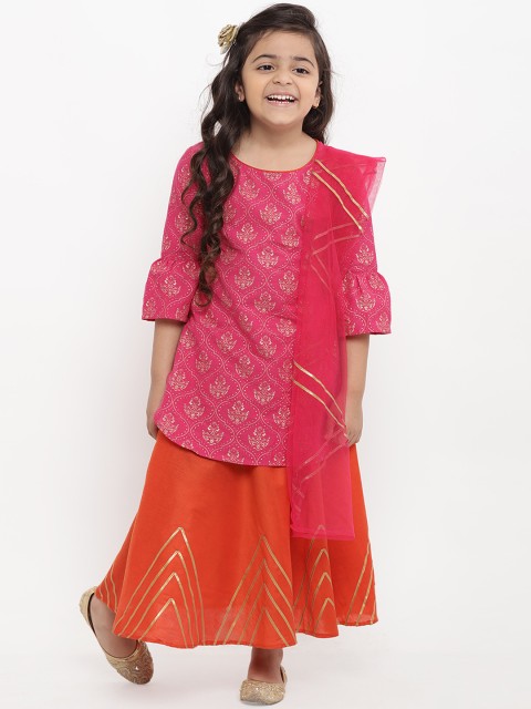 

Bitiya by Bhama Girls Pink Printed Kurta with Orange Skirt & Dupatta
