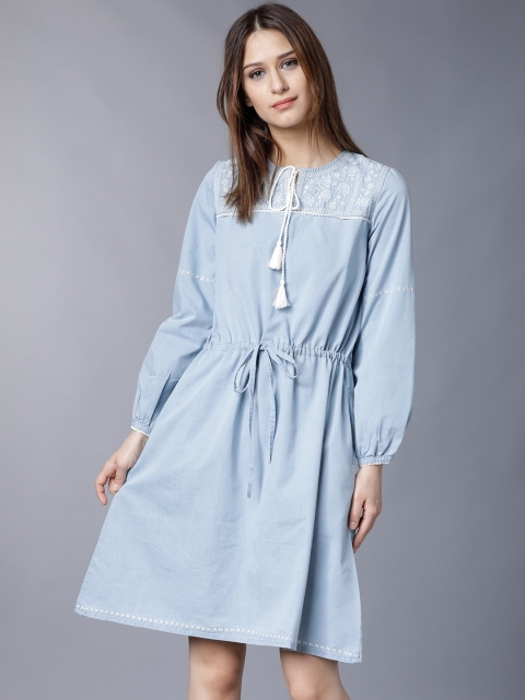 

Tokyo Talkies Women Blue Solid Denim Fit and Flare Dress