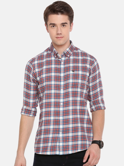 

THE BEAR HOUSE Men White & Blue Slim Fit Checked Casual Shirt