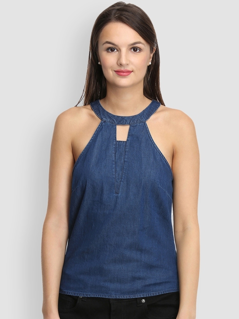 

LA LOFT Women Blue Solid Pure Cotton Top