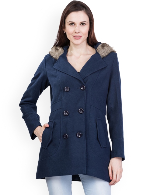 

Trufit Women Navy Blue Solid Hooded Tweed Coat with Notched Lapel