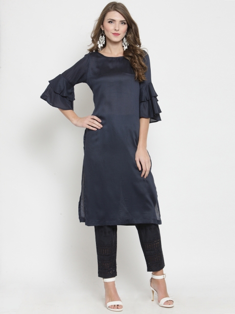 

Sera Women Navy Blue Solid Kurta with Trousers