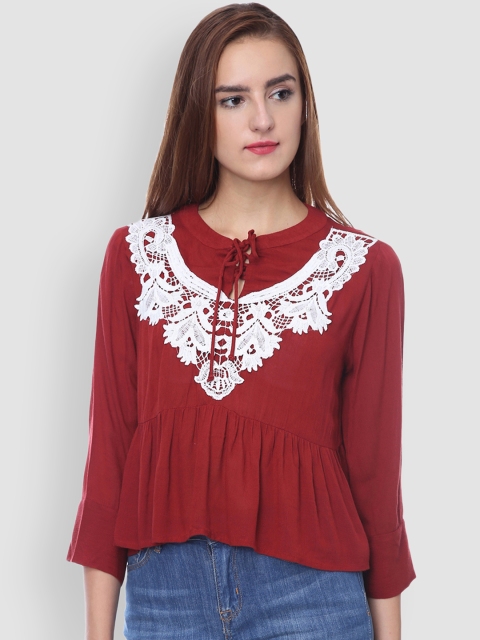 

LA LOFT Women Maroon Self Design Peplum Top