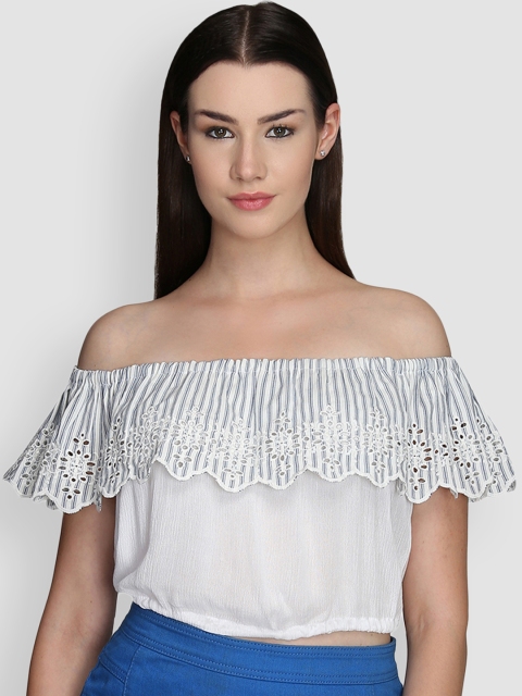 

LA LOFT Women Blue Striped Bardot Pure Cotton Top