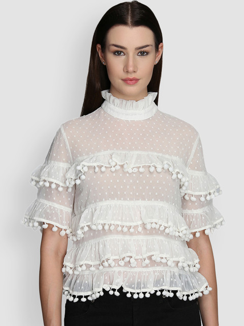 

LA LOFT Women White Solid Layered Top