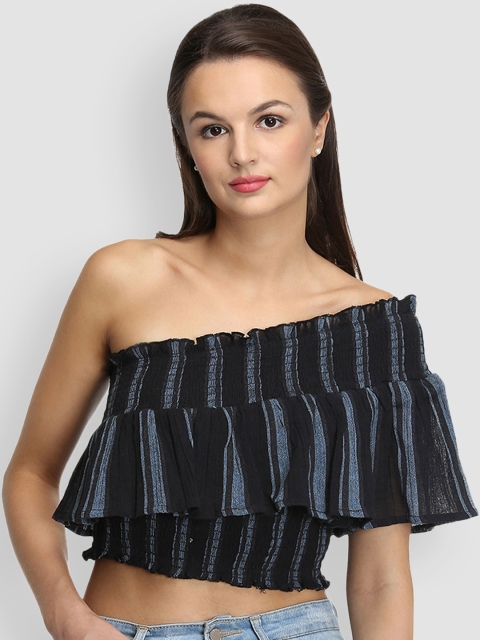 

LA LOFT Women Black Striped One-Shoulder Top