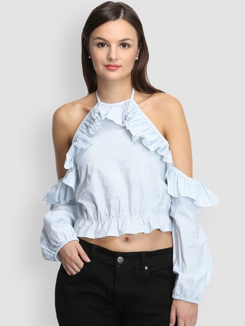 

LA LOFT Women Blue Solid Cold-Shoulder Crop Top
