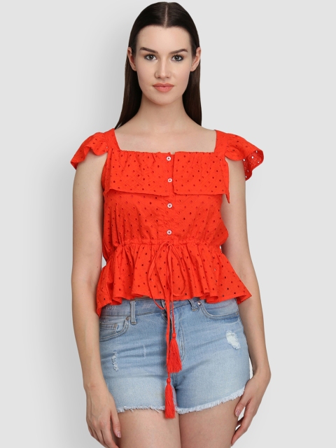 

LA LOFT Women Orange Solid Cinched Waist Top