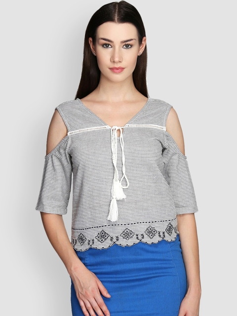

LA LOFT Women Off-White Striped Cold-Shoulder Top