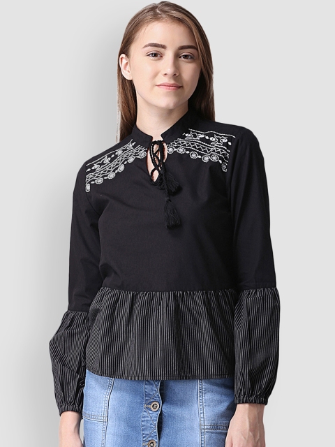 

LA LOFT Women Black Solid Pure Cotton Top