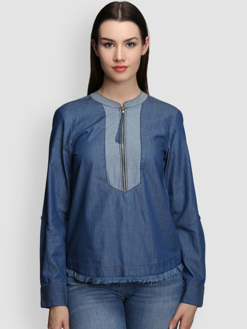 

LA LOFT Women Navy Blue Solid Shirt Style Pure Cotton Top