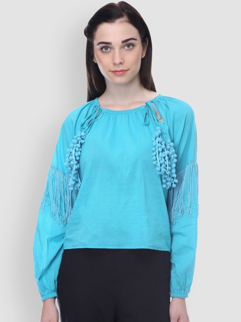 

LA LOFT Women Blue Solid Tie-Up Pure Cotton Top