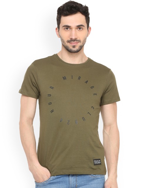 

People Men Olive Green Printed Round Neck T-shirt