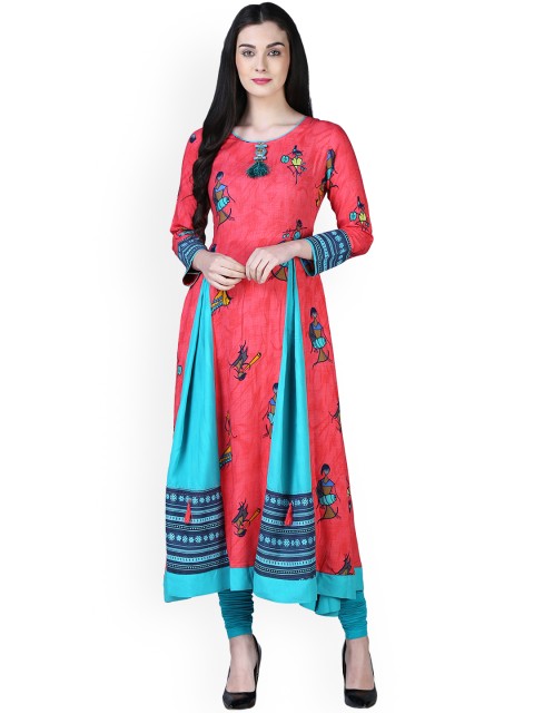 

Kurti's by Menka Women Coral Pink & Turquoise Blue Printed A-Line Kurta