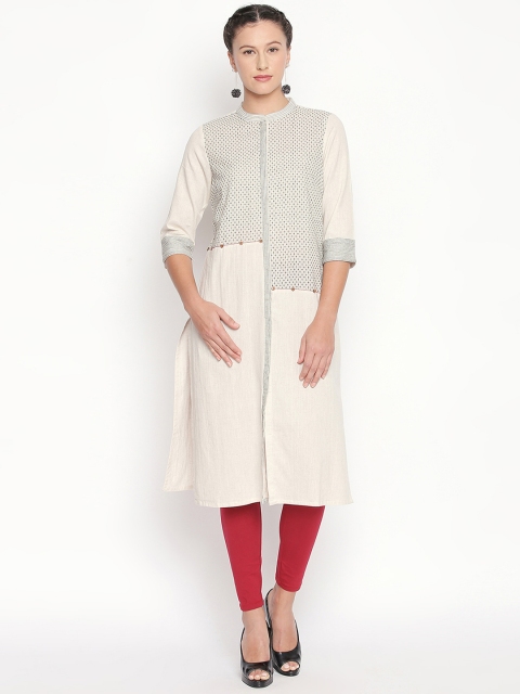 

RANGMANCH BY PANTALOONS Women Off-White & Black Embroidered Straight Kurta