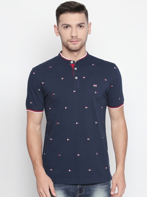 

BYFORD by Pantaloons Men Navy Blue Printed Mandarin Collar T-shirt