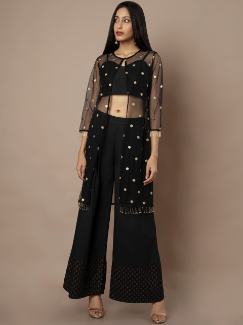 

INDYA Women Black Solid Crop Top with Ethnic Sheer Jacket