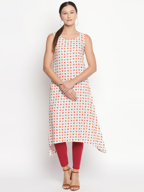 

RANGMANCH BY PANTALOONS Women White & Pink Printed Asymmetric A-Line Kurta