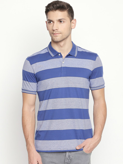 

BYFORD by Pantaloons Men Blue Striped Polo Collar T-shirt