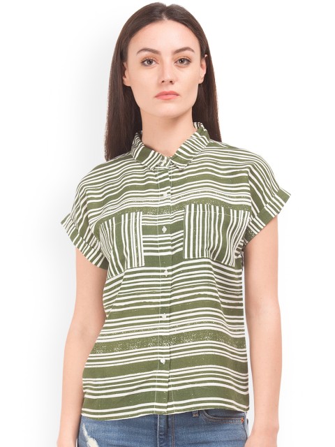 

SUGR Women Striped Roll Sleeve Boxy Shirt, Green