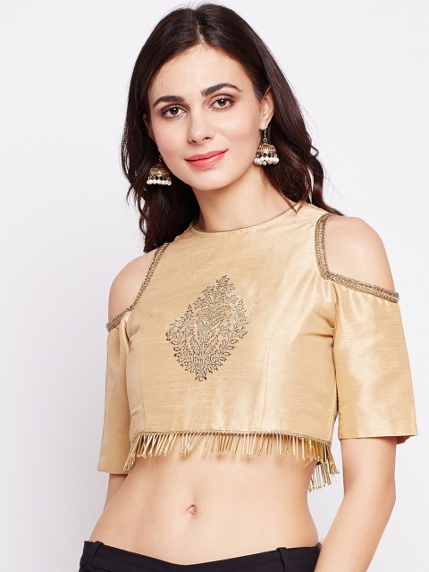 

studio rasa Women Semi-Dupion Embroidered Cold Shoulder Crop Top, Beige