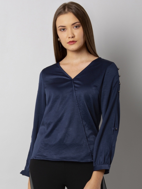 

FabAlley Women Navy Blue Solid Wrap Top