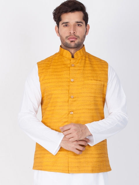 

VASTRAMAY Men Yellow Striped Nehru Jacket