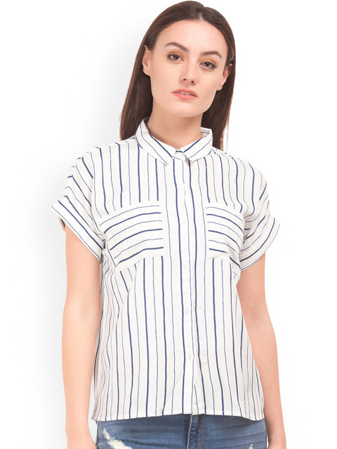 

Sugr Women White & Blue Boxy Striped Casual Shirt