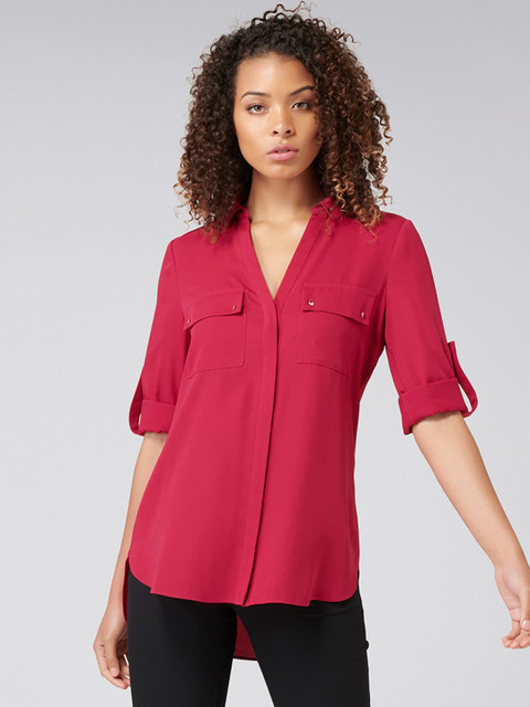 

Forever New Women Pink Solid Roll-Up Sleeeves Shirt Style Top