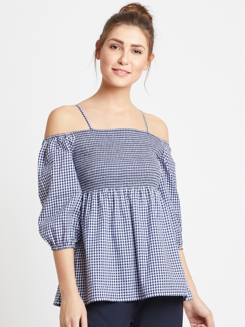 

COVER STORY Women Navy Blue Checked Empire Top