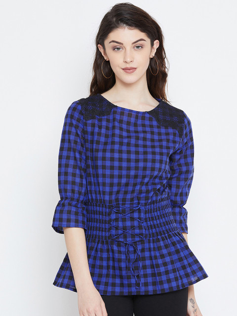 

Ruhaans Women Blue & Black Checked Top