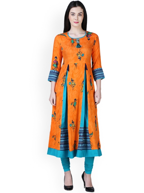 

Kurti's by Menka Women Orange & Turquoise Blue Printed Anarkali Kurta