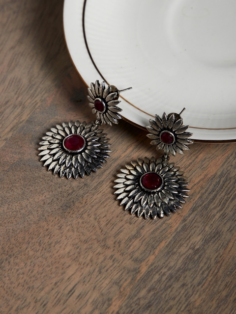 

PANASH Silver-Toned & Pink Floral Drop Earrings