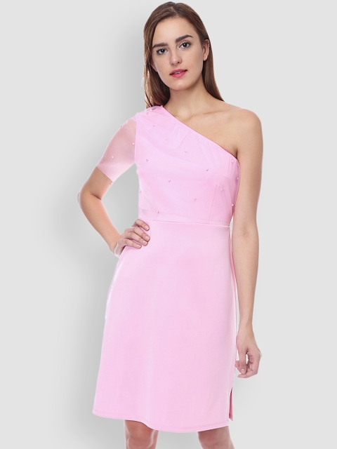 

LA LOFT Women Pink Solid One Shoulder Sheath Dress