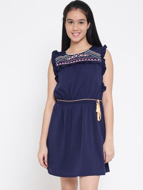 

Natilene Girls Navy Blue Printed Blouson Dress