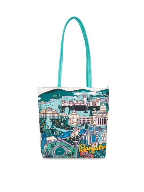

Chumbak White & Turquoise Blue Printed Tote Bag